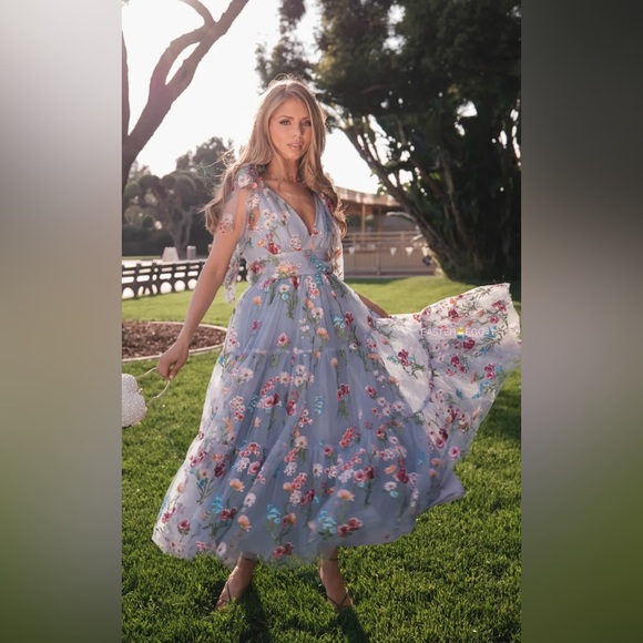 New JessaKae Margaret v-neck embroidered floral midi dress in blue - Picture 2 of 10